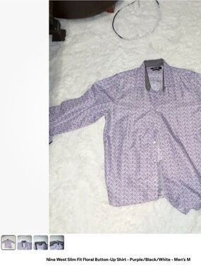 Nine West Men’s Slim Fit Purple Floral Button Up Shirt | Long Sleeve Size M